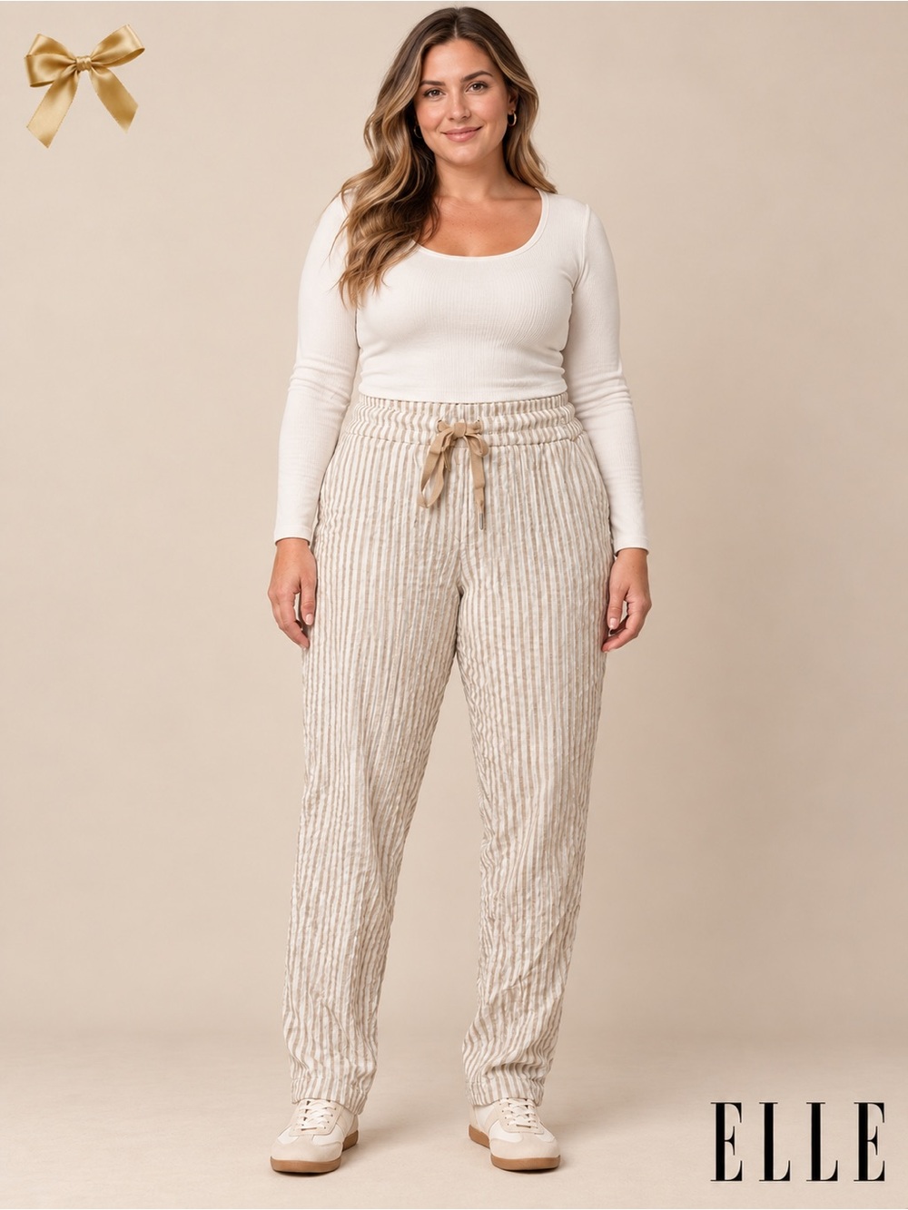 Elle Striped Textured Ribbed Pull-On Pants Beige Cream Striped Size Large Italy